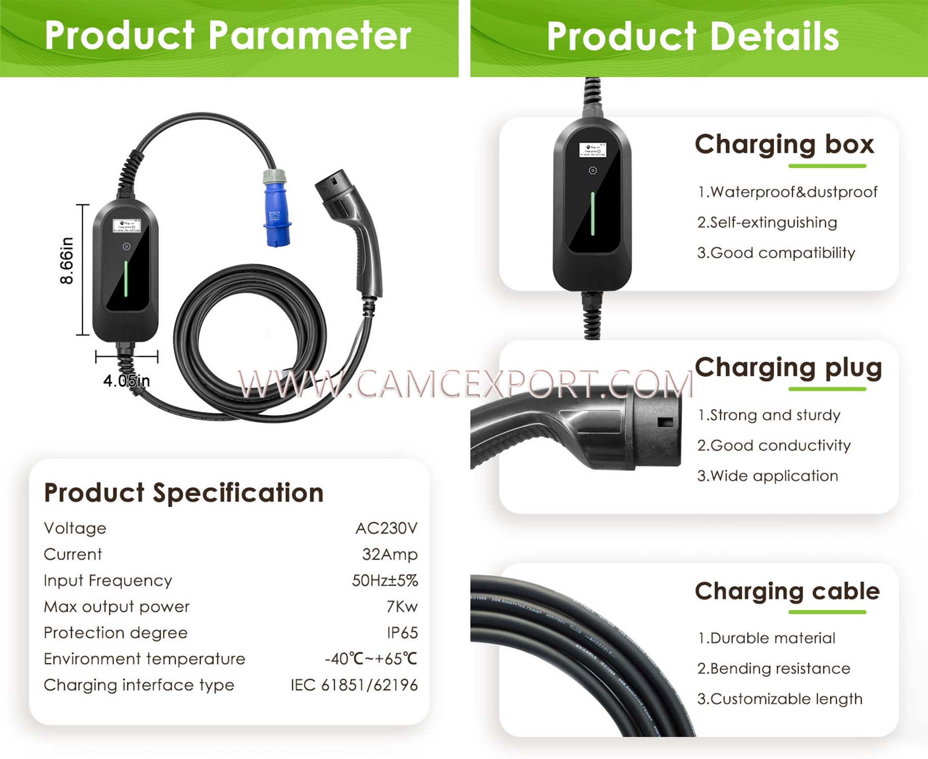 Chi tiết bộ sạc xe điện cầm tay AC 7kw